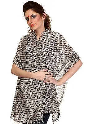 Ivory and Black Printed Stole with Tassels