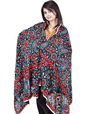 Black Phulkari Dupatta from Punjab with Aari-Embroidered Flowers by Hand