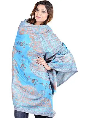 Blue-Atoll Kashmiri Shawl with Large Woven Paisleys and Needle Stitched Embroidery by Hand