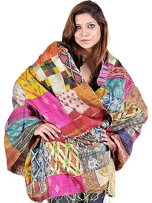 Multi-Color Patchwork Shawl with Ikat Weave and Kantha Stitch Embroidery All-Over
