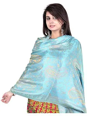 Turquoise-Blue Super-Silk Jamawar Stole with Large Woven Paisleys
