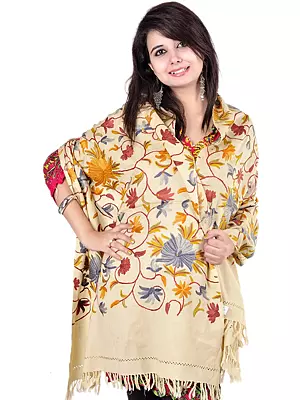 Beige Kashmiri Stole with Hand Embroidered Flowers All-Over