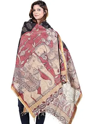 Beige Hand Painted Kalamkari Dupatta Depicting an Episode from Mahabharata