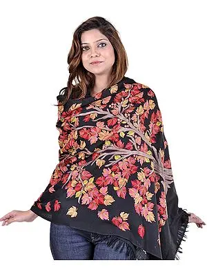 Black Kashmiri Stole with Hand Embroidered Tree of Life