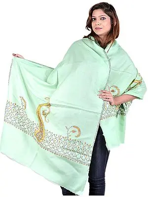 Jade-Green Stole from Kashmir with Hand Needle Stitch Embroidered Paisleys on Border