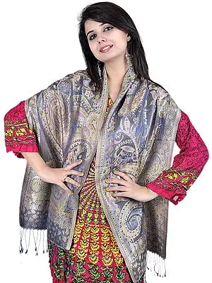Reversible Super Silk Jamawar Scarf with All-Over Woven Paisleys in Multi-Color Thread