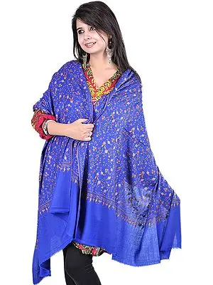 Dazzling-Blue Kashmiri Tusha Shawl with Sozni Embroidered Paisleys by Hand
