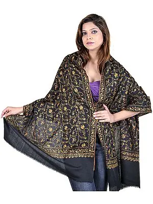 Black Kashmiri Stole with Sozni-Embroidered Paisleys by Hand