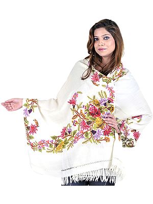 Ivory Stole from Kashmir with Aari Embroidered Flowers by Hand