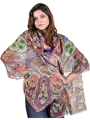Multi-Color Stole with Digital-Printed Paisleys and Flowers