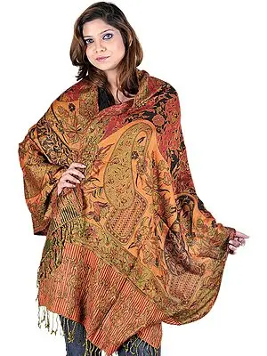 True-Red and Orange Reversible Jamawar Stole with Woven Paisleys