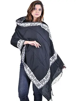 Antthracite-Black Stole from Amritsar with Silver Metallic Thread Embroidered Paisleys on Border