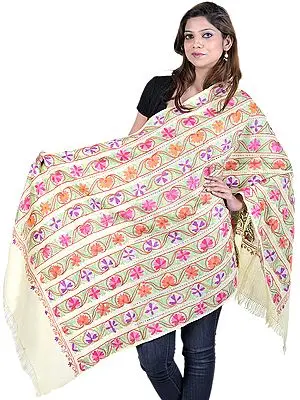 Mellow-Yellow Stole from Kashmir with Aari-Embroidered Flowers by Hand All-Over