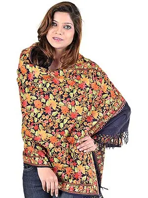 Midnight-Blue Kashmiri Stole with Densely Embroidered Flowers All-Over