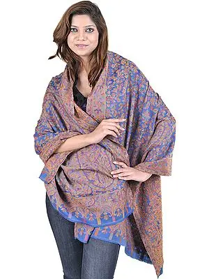Star Sapphire-Blue Kani Stole with Woven Paisleys in Multi-Color Threads