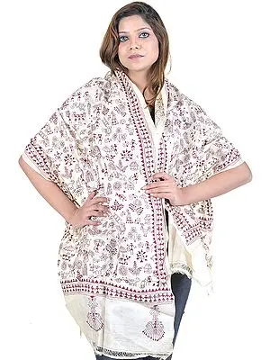 Beige Scarf with Hand Embroidered Folk Figures Inspired By Warli Art