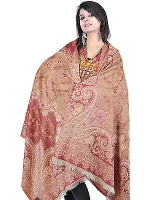 Beige and Red Jamawar Shawl with Needle Stitched Embroidered Paisleys