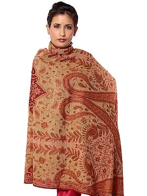 Cordovan and Beige Reversible Jamawar Shawl with Large Woven Paisleys