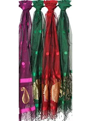 Lot of Four Banarasi Dupattas with Golden Thread Weave