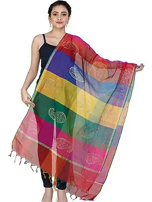 Multi-Color Rainbow Chanderi Dupatta with Printed Paisleys