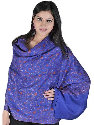 Limoges-Blue Tusha Stole with All-Over Sozni Embroidery by Hand
