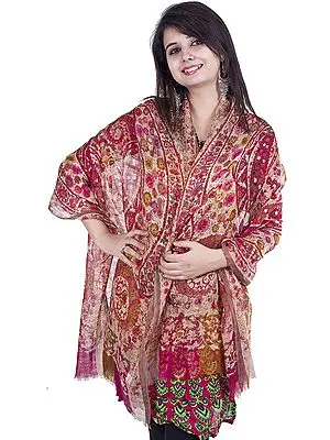 Beige Stole with Missing-Checks in Weave and Printed Flowers All-Over