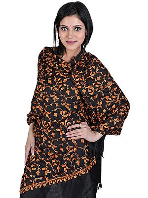 Black Kashmiri Stole with Embroidered Paisleys All-Over