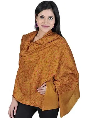 Bronze-Mist Tusha Stole from Kashmir with Sozni Embroidery by Hand