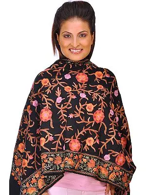 Black Kashmiri Stole with Aari Embroidered Flowers All-Over