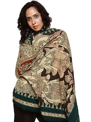 Beige and Green Kalamkari Dupatta with Hand Painted Lord Krishna with Gopis