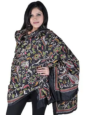 Black Dupatta-Wrap with Kantha Stitched Embroidered Fishes by Hand