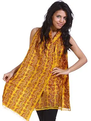 Mustard-Yellow Printed Scarf with Kantha Stitch Embroidered Flowers