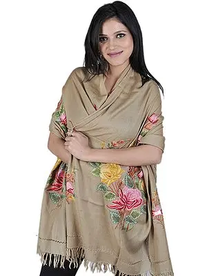 Dune Stole from Kashmir with Aari-Embroidered Flowers by Hand
