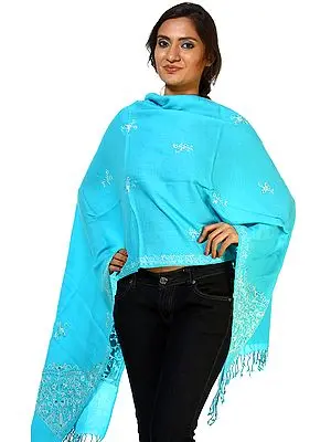 Blue Atoll Stole from Amritsar with Embroidered Flowers and Sequins