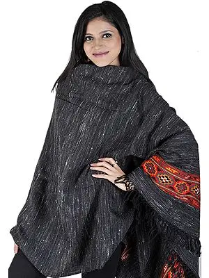 Charcoal-Gray Shawl from Kullu with Kinnauri Woven Border