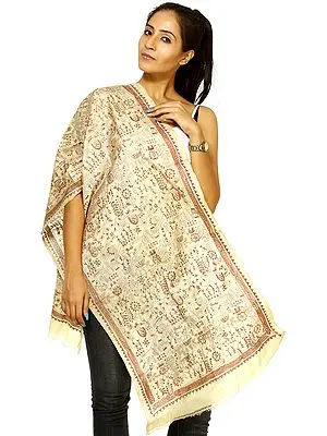 Beige Kantha Scarf with Embroidered Folk Figures Inspired by Warli Art
