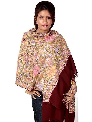 Cordovan-Red Kashmiri Stole with Densely Hand Embroidered Flowers All-Over
