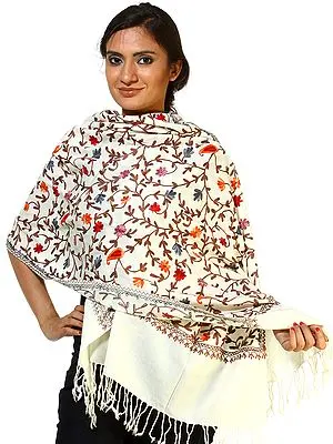 Ivory Stole from Amritsar with Aari-Embroidered Flowers All-Over