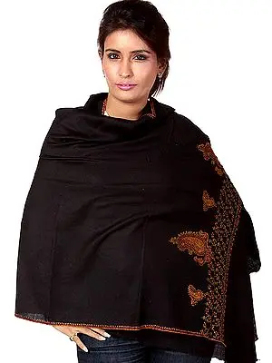Black Stole from Kashmir with Hand Needle Stitch Embroidered Paisleys on Border