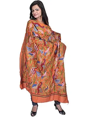Rust Dupatta-Wrap from Kolkata with Kantha Stitched Embroidered Birds by Hand
