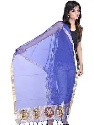 Mazarine-Blue See-Through Dupatta from Banaras with Applique Mira Bai Figures on Border