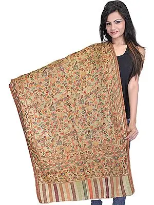 Beige Kani Pure Pashmina Stole with Woven Paisleys and Flowers in Multi-Color Thread