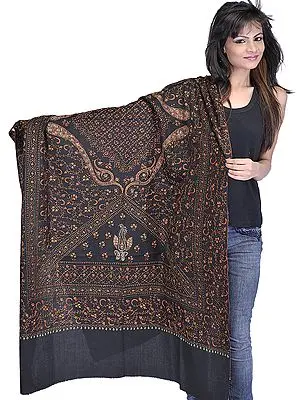 Black Kashmiri Tusha Shawl with All-Over Sozni Embroidery by Hand