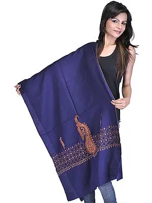 Astral Aura-Blue Stole from Kashmir with Hand Needle Stitch Embroidered Paisleys on Border