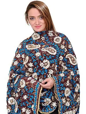 Deep Mahogany Phulkari Dupatta from Punjab with Aari-Embroidered Flowers by Hand