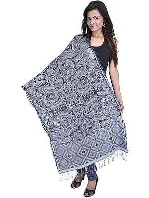 Dark Denim and Gray Reversible Jamawar Stole with All-Over Woven Flowers