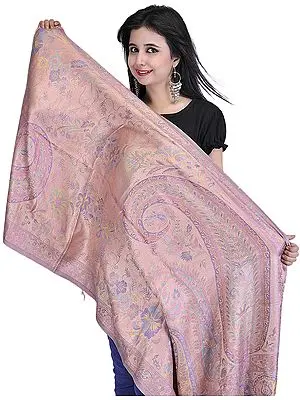 Coral-Pink Super-Silk Jamawar Stole with Large Woven Paisleys