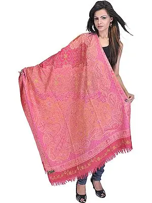 Magenta Jamawar Shawl with Needle Stitched Embroidered Flowers