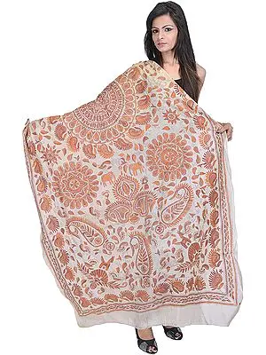 Beige Dupatta-Wrap with Kantha Stitched Embroidered Paisleys and Elephants by Hand