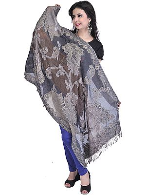 Gray Jamawar Stole with Embroidered Crystals and Sequins